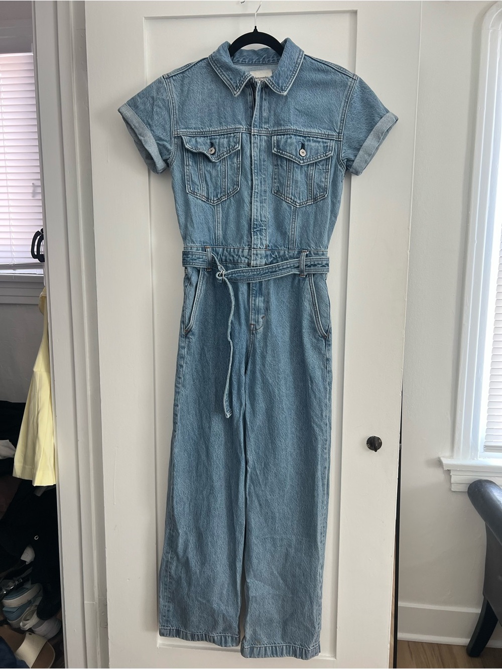 Abercrombie & Fitch Light Blue Denim Jumpsuit Dress with Tie Waist